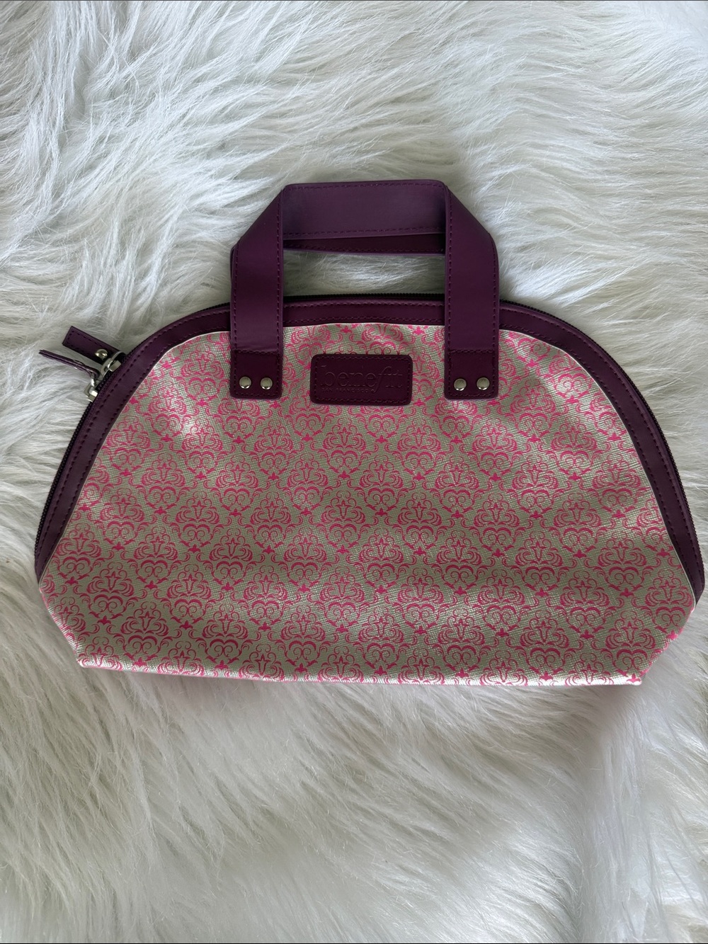 Benefit Pink and Purple Patterned Cosmetic Dome Bag NWOT